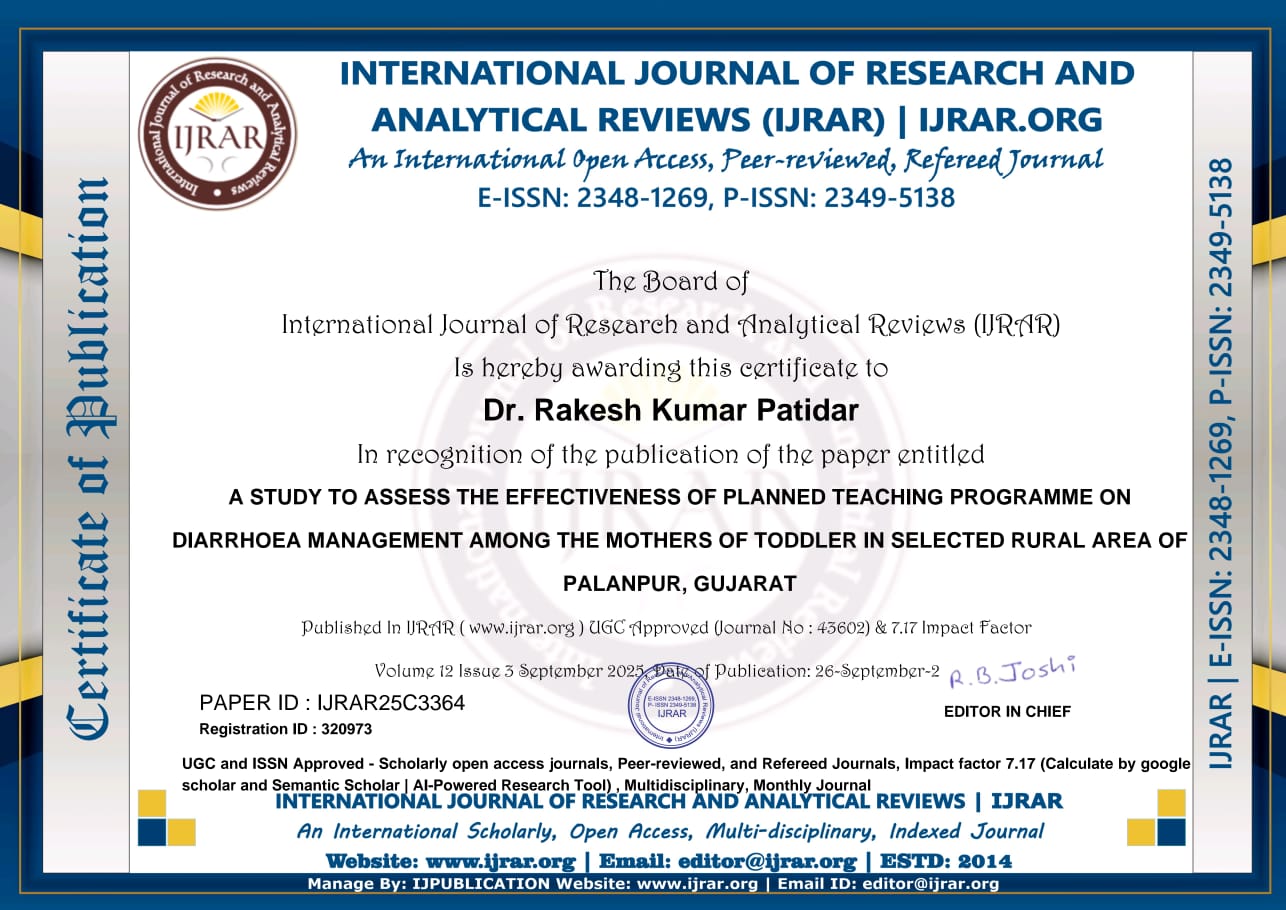 ગુજરાતના પસંદ કરાયેલા ગ્રામ્ય વિસ્તારમાં ટોડલર બાળકોની માતાઓમાં ડાયરીયા (અતિસાર) વ્યવસ્થાપન અંગે આયોજનબદ્ધ શિક્ષણ કાર્યક્રમની અસરકારકતાનું મૂલ્યાંકન કરવા માટેનો અભ્યાસ”